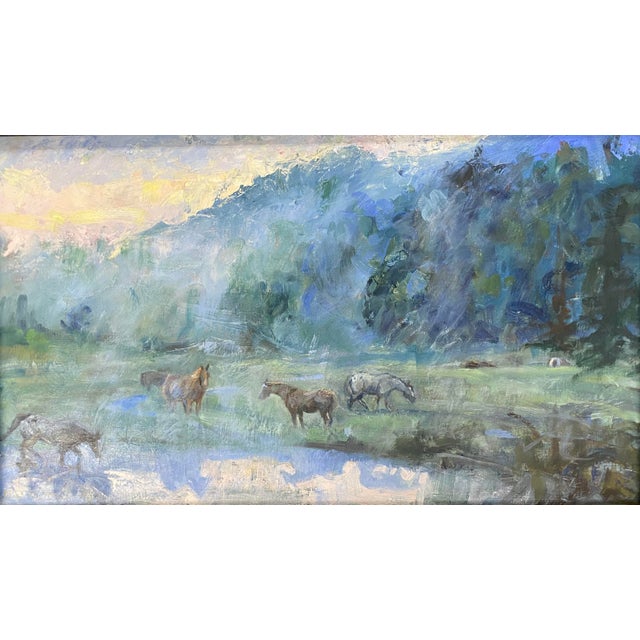 "Out of The Mist" This pastoral painting is an impression of a group of horses at dawn as the mist is rising off the pond,...