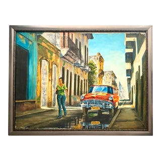 Late 20th Century Painting Havana Street Oil on Canvas Vintage Cityscape Caribbean Decor For Sale