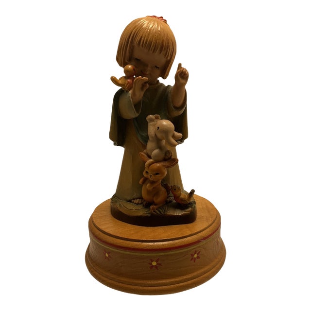 1970s Anri Ferrandiz Hand Carved Figurine Music Box Talking to the Animals Vintage Wooden Sculpture Collectible For Sale