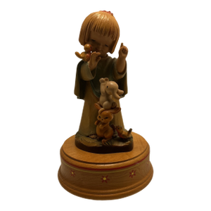 1970s Anri Ferrandiz Hand Carved Figurine Music Box Talking to the Animals Vintage Wooden Sculpture Collectible