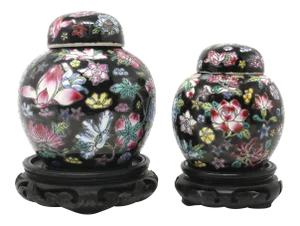Vintage Petite Black Ginger Jars With Colorful Flowers and Wood Stands - Set of 2