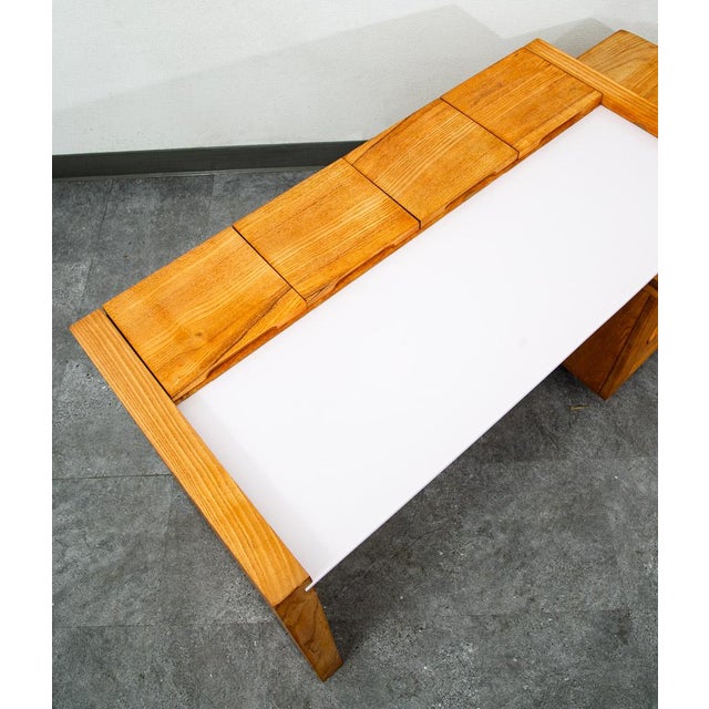 Brown Mid Century Modern Vanity Desk Solid Ash Milk Glass Teak 3 Drawers Vintage MCM For Sale - Image 8 of 12