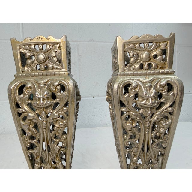 1910s Pair of Antique Victorian Reticulated Open Worked Nickel Plated Brass Vases For Sale - Image 5 of 11