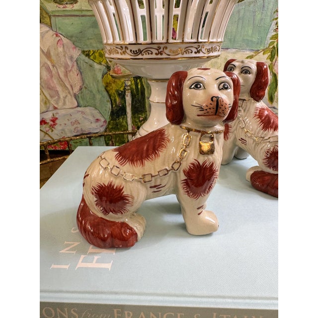 Mid 20th Century Charming Pair of Vintage Staffordshire Style Spaniels With Gilt Chain Collars and Parted Legs, Red & Cream Porcelain Dogs For Sale - Image 5 of 17