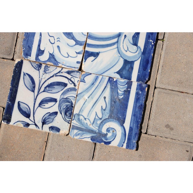 18th Century Antique 18th Century Portuguese Blue & White Tiles Featuring Ornamental Acanthus Curves Set of 6 For Sale - Image 5 of 8