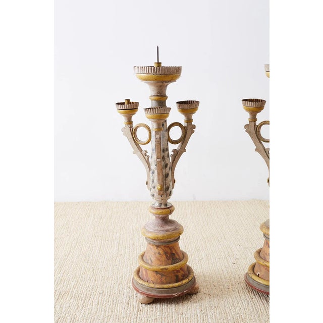 Shabby Chic Italian Carved Three-Light Candelabras - a Pair For Sale - Image 3 of 13