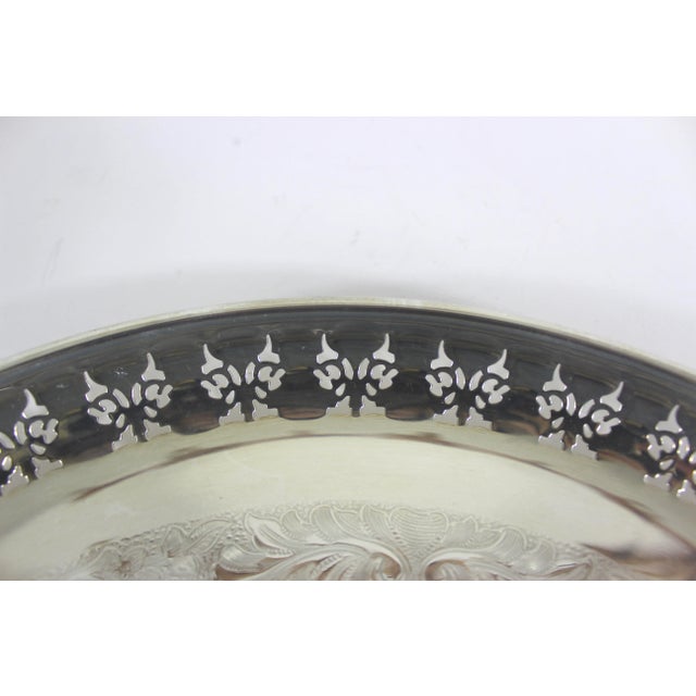 Late 20th Century Vintage Large Round Silver Plated Tray With Small Feet Pierced Side Plate Embossed For Sale - Image 5 of 8