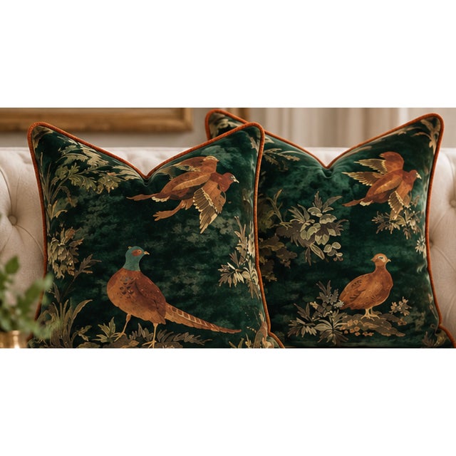 A striking pair of custom designer pillows featuring Game Show in the Emerald colorway. The graphic pattern mixes...
