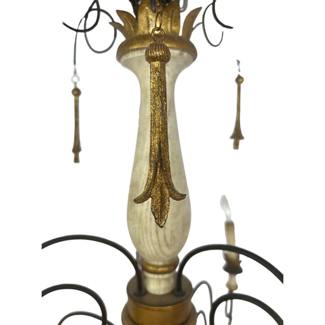 French Country French Country 9-Light Wrought Iron Chandelier With Carved Wood Accents For Sale - Image 3 of 13