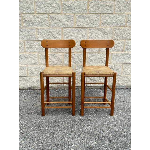 Late 20th Century Pair of Rush Seat Wood Bar Stools For Sale - Image 4 of 12