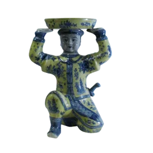 Oriental Vintage Ceramic Yellow Blue Flower Man Holding Dish Figure