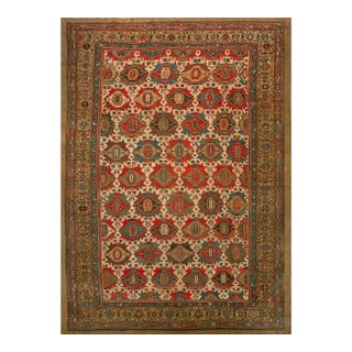 1880s Ivory Geometric Antique Persian Bibikabad Rug 10' X 14' Handknotted Wool Carpet For Sale