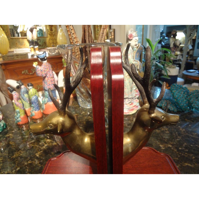 Wood Vintage Brass and Wood Stag Bookends-A Pair For Sale - Image 7 of 9