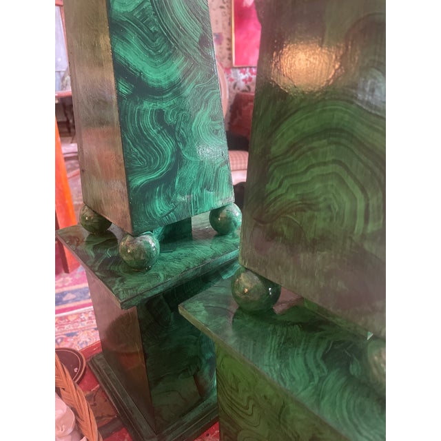 Contemporary Malachite Green Faux Finished Tall Wooden Obelisk For Sale In New York - Image 6 of 8
