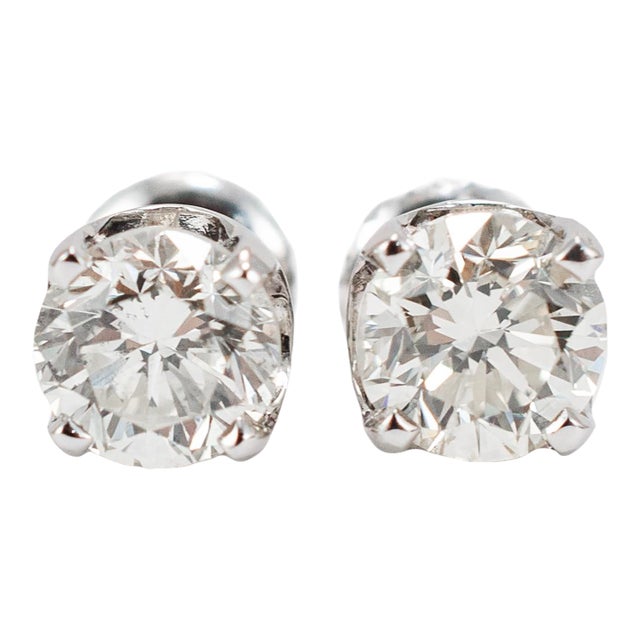 14k White Gold 4 Prong Screw Back 1.90 Ct Round Diamond Stud Earrings, A Pair For Sale