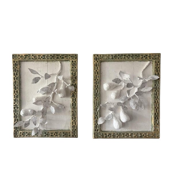 Contemporary Papier-Mâché and Venetian Plaster Pear Branch Hanging Wall Sculpture, a Pair For Sale - Image 9 of 9