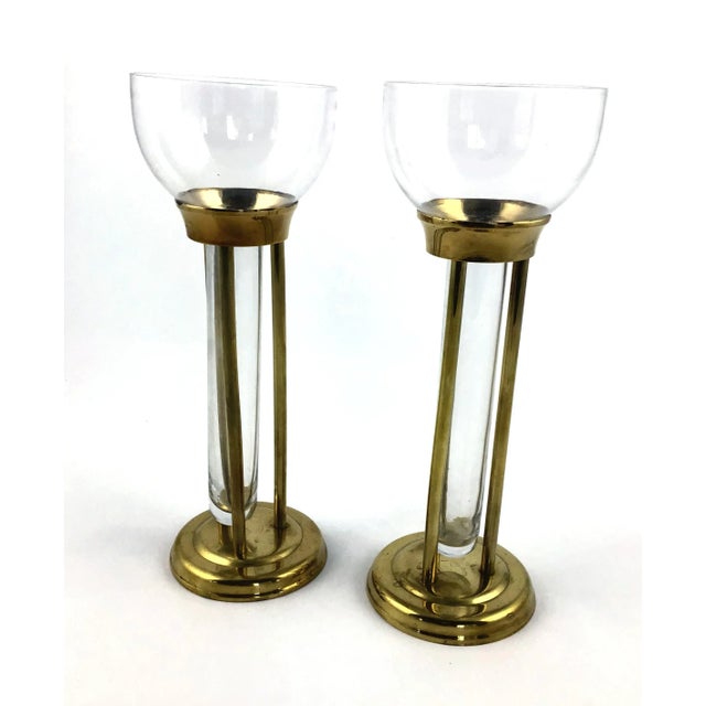 1960s Mid-Century Modern Glass and Brass Vases or Candle Holders - a Pair For Sale - Image 4 of 8