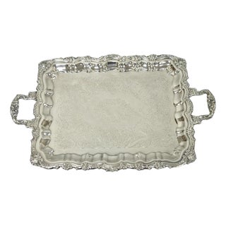 Vintage Victorian Silver Plated Footed Twin Handle Serving Platter Bar Tray For Sale
