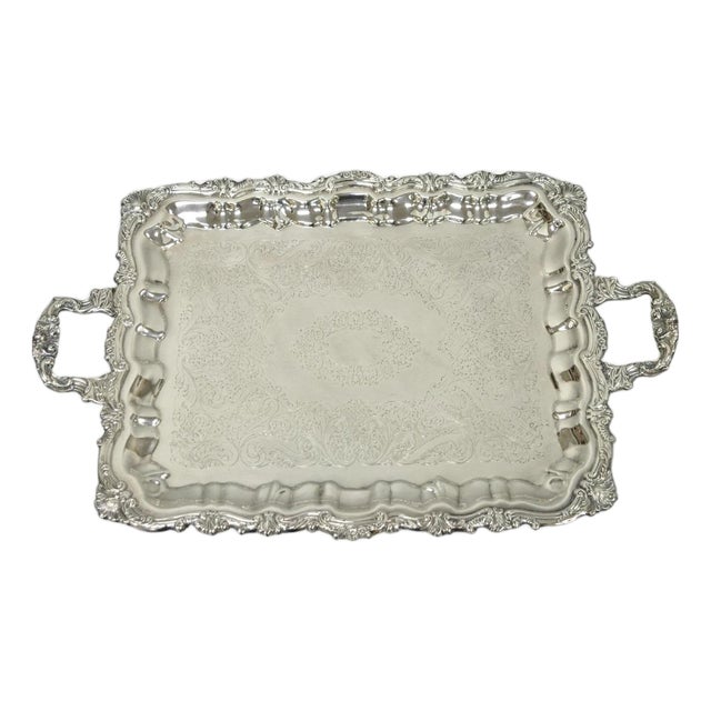 Vintage Victorian Silver Plated Footed Twin Handle Serving Platter Bar Tray For Sale