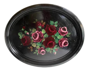 Antique Tole Metal Hand-Painted Rose Tray