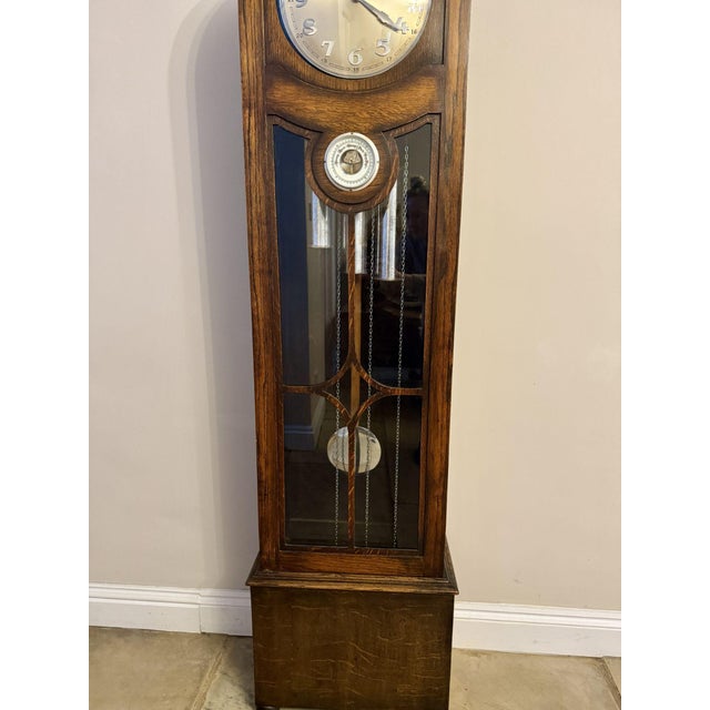 Wood Antique Oak Chiming Longcase Barometer Clock, 1930 For Sale - Image 7 of 9