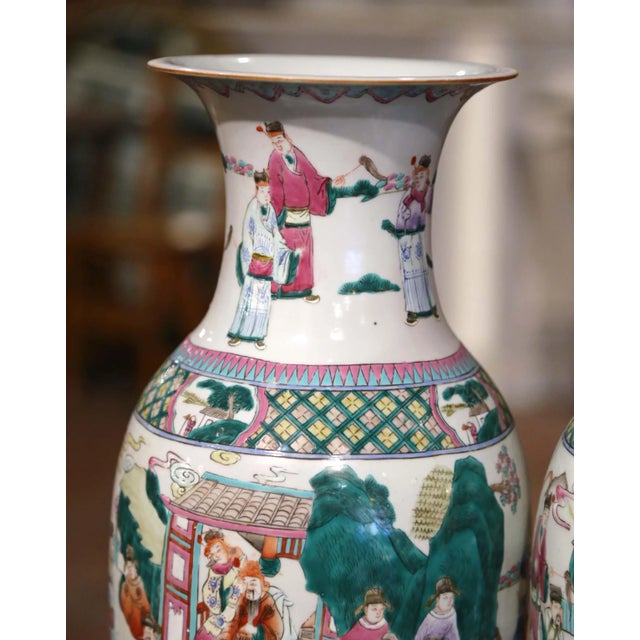 Pair of Mid-Century Chinese Famille Rose Porcelain Vases on Wood Bases For Sale In Dallas - Image 6 of 12