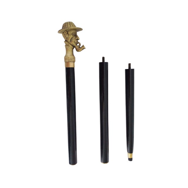 1980s Antique Black Wooden Folding Walking Stick Cane With Sherlock Holmes Head Handle For Sale - Image 5 of 8