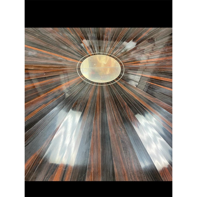 Art Deco Macassar Ebony Wood Table With Sunburst Veneer & 8 Silk Upholstered Chairs For Sale - Image 3 of 4