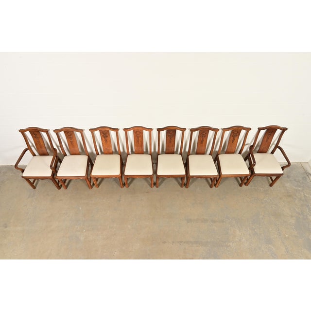1970s Thomasville Mid-Century Hollywood Regency Chinoiserie Carved Walnut Dining Chairs, Set of Eight For Sale - Image 5 of 15