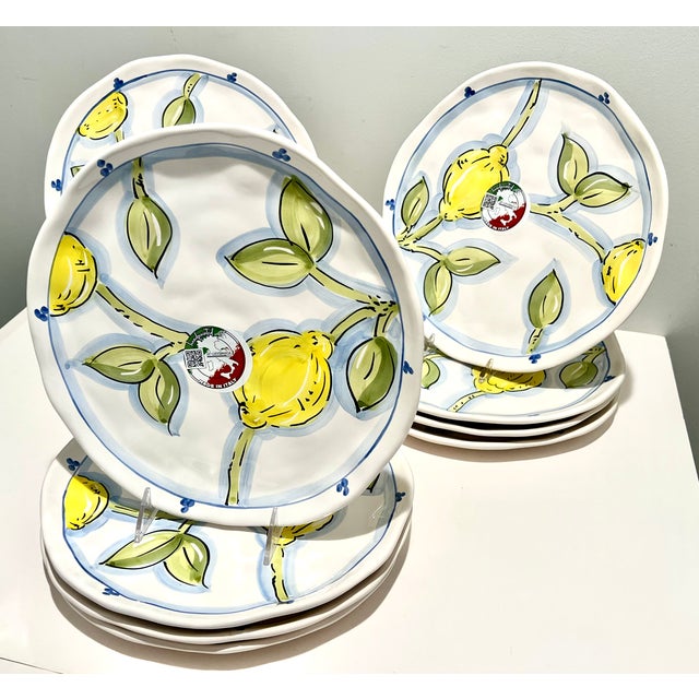Handpainted Italian Lemon Dinner Plates Blue White Citrus Dining - Set of 12 For Sale - Image 4 of 13