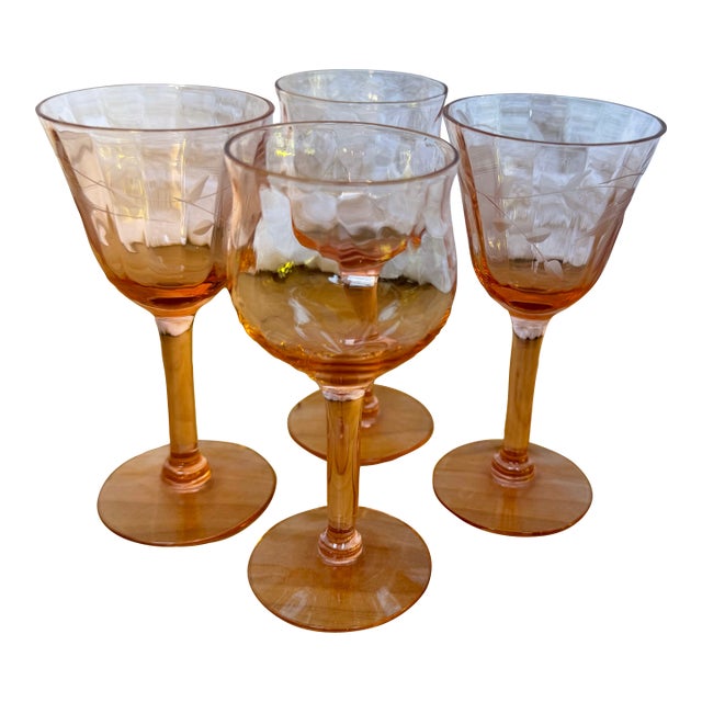 1920"s Art Deco Cognac Depression Glass. Beautifully Etched - Set of 4 For Sale