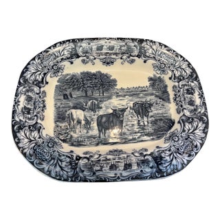 Antique Wedgwood Blue Transferware Platter With Cattle Motif. For Sale