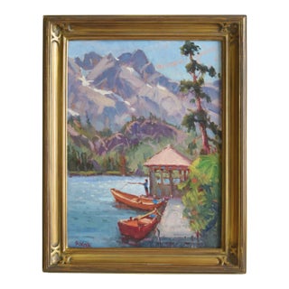 Silvio Silvestri, Listed Artist Fishing at Boathouse Oil Painting Including the Antiqued Gold Frame For Sale