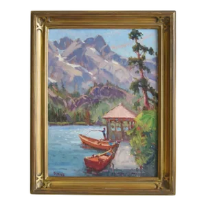 Silvio Silvestri, Listed Artist Fishing at Boathouse Oil Painting Including the Antiqued Gold Frame