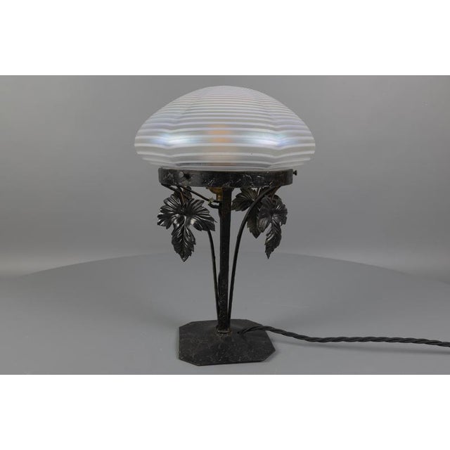 Art Nouveau French White Iridescent Glass and Wrought Iron Table Lamp, 1920s For Sale - Image 15 of 18