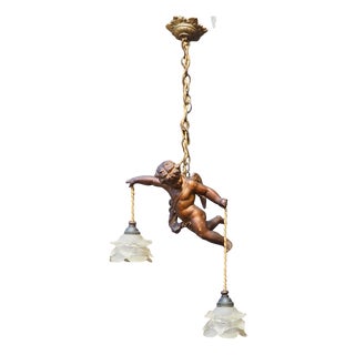 Antique French Cherub Pendant Light in Flying Putti and Glass Flower Shades, 1920s For Sale