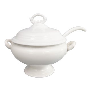 Antique Belgian White Ironstone Lidded Soup Tureen With Ladle For Sale