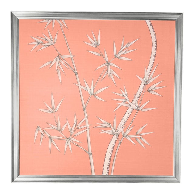 Chinoiserie Blush Pink Chinoiserie Silk Wallpaper Panel Diptych "Bird & Bamboo" Framed in Silver Leaf, a Pair For Sale - Image 3 of 5