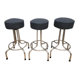 Vintage Industrial Swivel Bar Stools Newly Reupholstered in a Charcoal Wool - 3 Piece Set