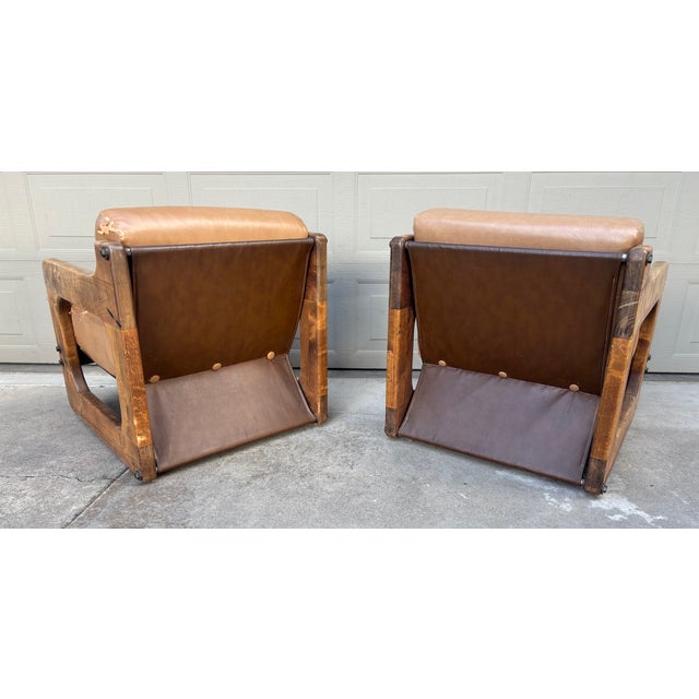 Wood Lou Hodges Style California Rustic Industrial Sling Lounge Chairs Ottoman a Pair For Sale - Image 7 of 12