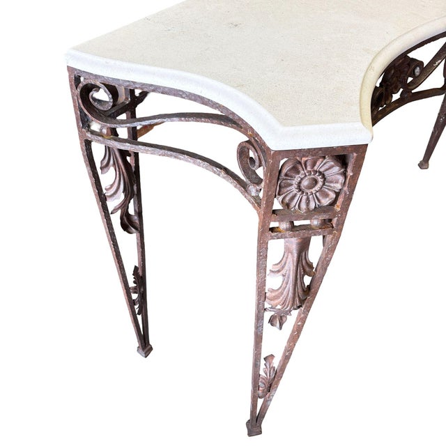 Alabaster 20th Century Neo-Gothic Bronze Colored Cast Iron Console W/ Carrara Marble Top For Sale - Image 8 of 10