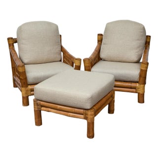 Midcentury Bamboo Lounge Chairs with Ottoman, Rattan Accents, and Linen Fabric For Sale