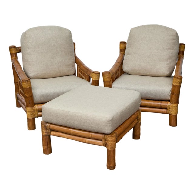 Midcentury Bamboo Lounge Chairs with Ottoman, Rattan Accents, and Linen Fabric For Sale