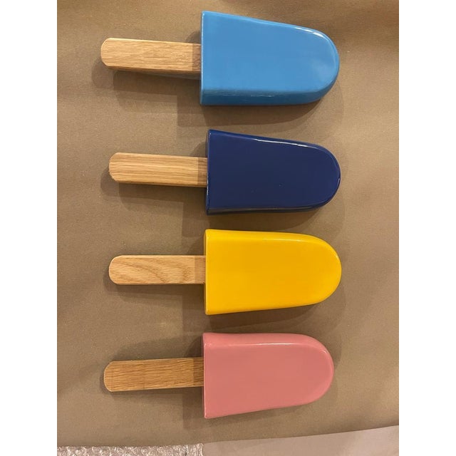 Yellow Ice Pop Ceramic Wall Sculpture With Natural Oak Wood Stick For Sale - Image 11 of 11