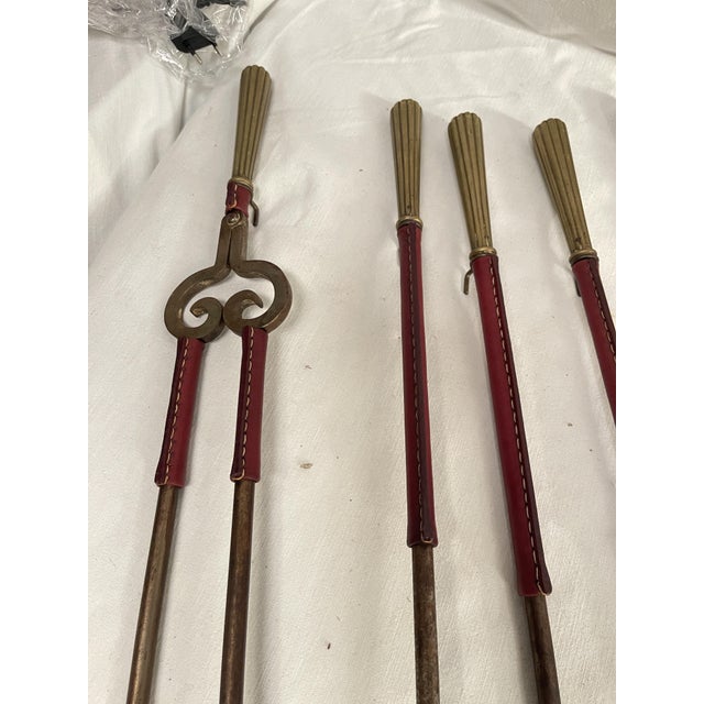1950s Stitched Leather Fire Tools by Jacques Adnet, 1950s, Set of 6 For Sale - Image 5 of 12