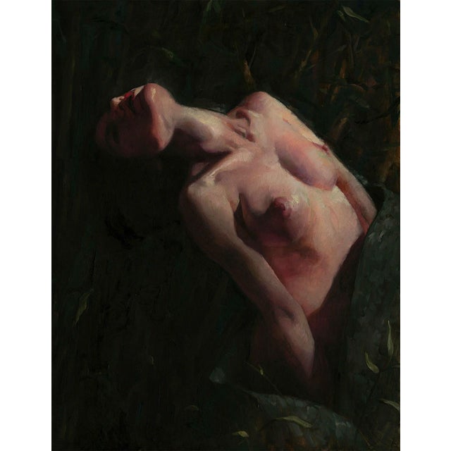 Secret Garden 3 by Jane Radstrom | Oil Painting of a figure in a dark, leafy environment For Sale