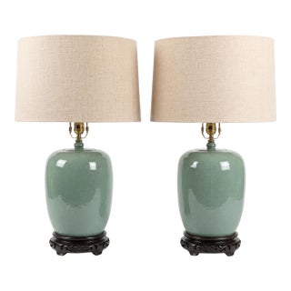 Vintage Chinoiserie Celadon Crackle-Glaze Ginger Jar Table Lamps With Wooden Bases For Sale