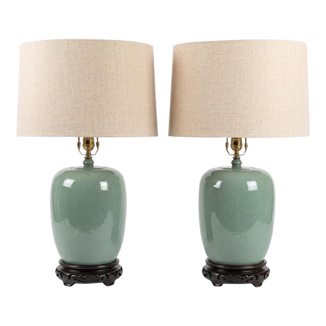 Vintage Chinoiserie Celadon Crackle-Glaze Ginger Jar Table Lamps With Wooden Bases For Sale