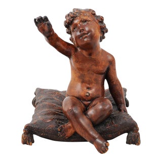 French 1780s Baroque Style Walnut Sculpture of Putto Sitting on a Pillow For Sale