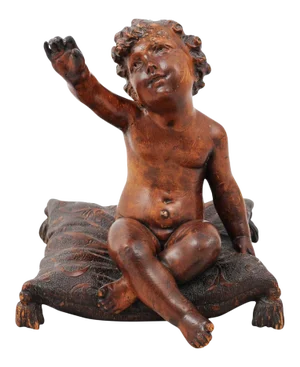 French 1780s Baroque Style Walnut Sculpture of Putto Sitting on a Pillow